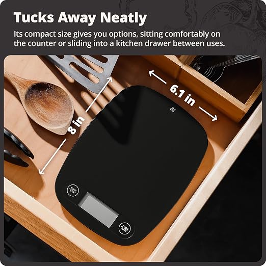 Greater Goods Food Scale, Slim & Compact Build, 1g Precision (Matte Black) | Digital Kitchen Scale for Cooking, Meal Prep & Portion Control, Tare, Auto Shut-Off, g/oz/lb/ml Conversion & Calorie Tracking - Image 8