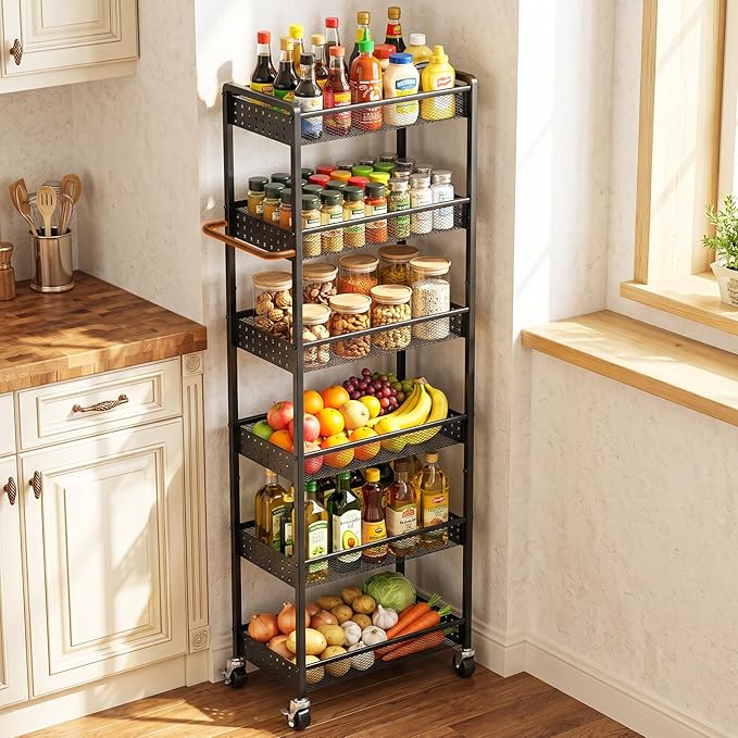 6 Tier Slim Storage Cart with Wheels, 10" D Rolling Storage Cart for Small Space, Metal Narrow Spice Cabinet Mobile Shelving Unit Organizer with Handle for Kitchen, Laundry - Black by Xpatee