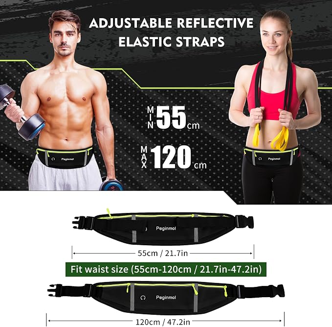 Slim Running Belt Fanny Pack, Waist Pack Bag for Women Men, Running Pouch for Phone Waterproof Reflective with 3 Pouches, Running Phone Holder for Sports, Traveling (Black + Green) - Image 2
