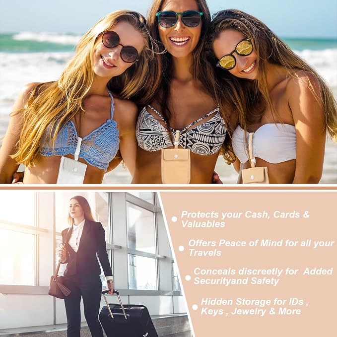 2 Pieces Travel Bra Wallet for Women Hidden Bra Wallet Pickpocket Proof Under Clothes Money Belt Pouch Secret for Passport Money Valuables(4 x 5.4 Inch,Nude, White) - Image 7