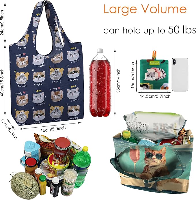 BeeGreen Cat Reusable Shopping Bags Cute Grocery Bag 6 Pack, Christmas Gift Bags Heavy-Duty Foldable Shopping Totes for Supermarket, Work & Travel, Large Washable Polyester Tote Bag with Handles - Image 2
