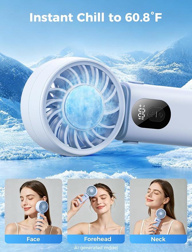 Aecooly Mighty Portable Handheld Fan with Cooling Plate | 20H Max Cooling | 3 Flexible Modes | 5 Speeds Wind | Battery Level Display | Mini Personal Battery Powered, Gifts for Women, Travel -Blue - Image 3