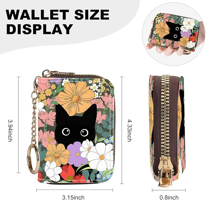 Credit Card Holder for Women,Small Rfid Wallet with Keychain Zipper,Cute PU Leather Card Case Wallet，Accordion Credit Card Wallets Gift,Colorful Flowers and Cats - Image 4