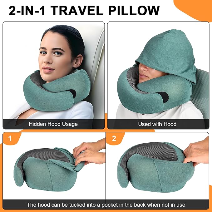 Travel Pillow - Hooded Neck Pillow Airplane Memory Foam Filling | for Plane, Office, Cars Sleeping, Road Trip, Long Flights Essentials, Includes Eye Mask & Earplugs (Green) - Image 3