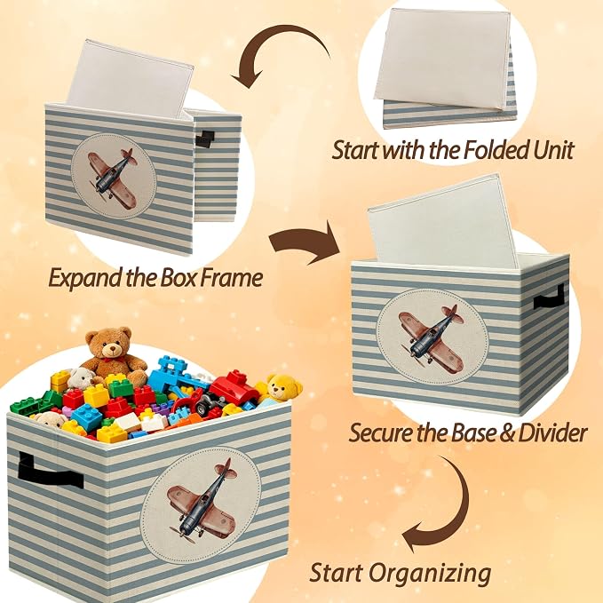 Rustic Airplane Storage Bins Boxes with Handles | toys books clothes, blue striped nursery foldable basket for organizing bedroom toddler room playroom - Image 6