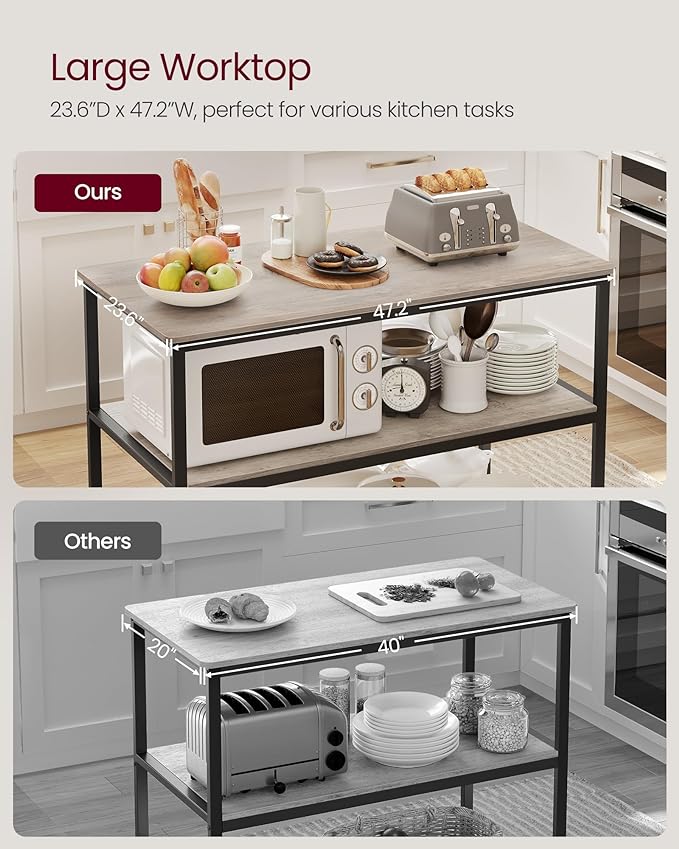 VASAGLE Kitchen Island with 3 Shelves, 47.2 Inches Width Kitchen Shelf with Large Worktop, Stable Steel Structure, Industrial, Easy to Assemble, Greige and Black UKKI001B02 - Image 5