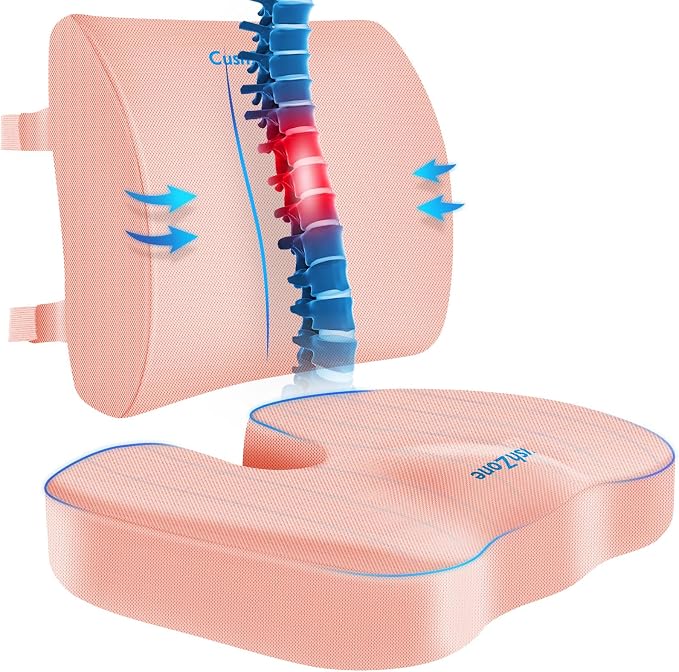 CushZone Seat Cushion and Lumbar Support Pillow for Office Chair, Pink | Ergonomic Memory Foam for Sciatica Pain Relief & Posture Correction, Non-Slip Chair Cushions for Car, Wheelchair and Travel by CushZone