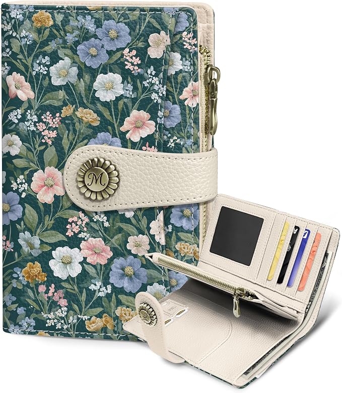 Flower Wallet Women RFID Bifold Passport Holder Credit Card Holder | 6.7" x 4.4" x 1.3" Travel billfold, Zipper Coin Pocket, PU Leather Clutch, Purse, ID Window, Pen Holder, Gift for Ladies Girl by Mavellin