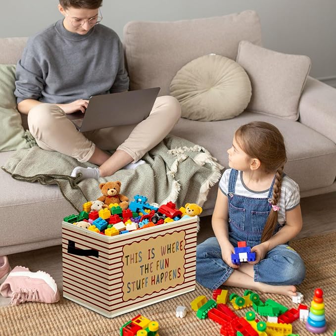 Rustic Playroom Storage Bins Boxes with Handles | toys books clothes, this is where the fun stuff happens nursery foldable basket for organizing bedroom toddler room playroom - Image 4