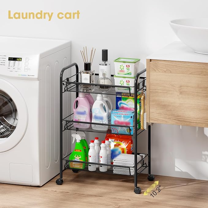 TOOLF 3 Tier Rolling Cart, Metal Utility Storage Cart with Wheels, Black | 3 Hooks, Screwless Assembly, Trolley Organizer for Bathroom, Kitchen, Office, Nursery, Dorm, Laundry Room - Image 2