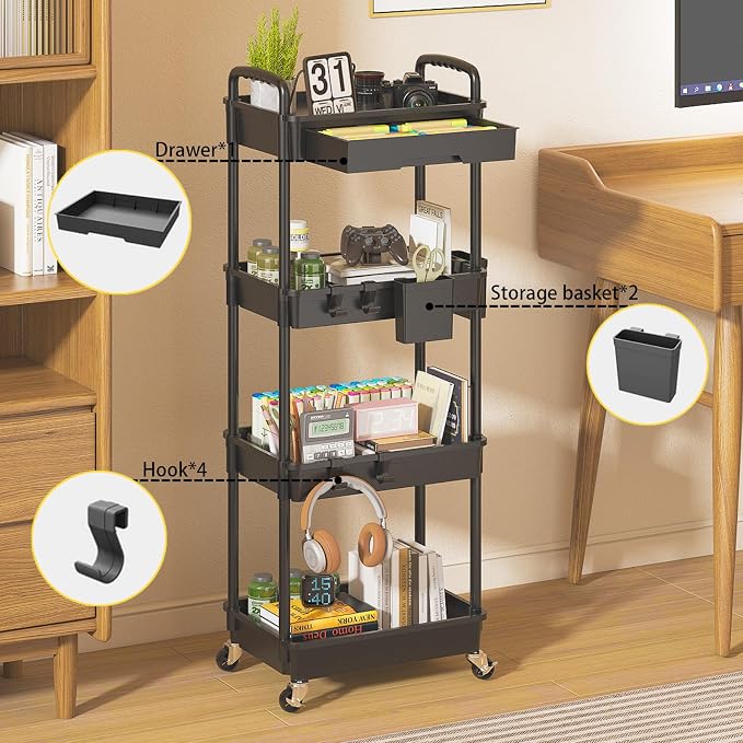 4 Tier Rolling Utility Cart with Drawer, Plastic Storage Organizer Rolling Carts with Wheels Handles Hanging Cups Hooks for Office, Bathroom, Kitchen,Craft Art Room (Black) - Image 3