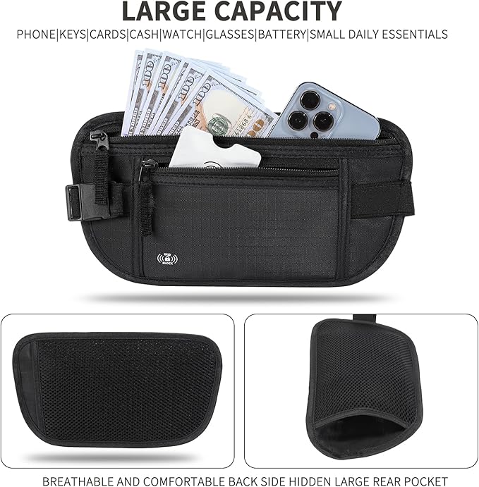 Money Belt for Travel, RFID Blocking, Hidden Money Belt, Passport Holder for Travel (Black) - Image 3