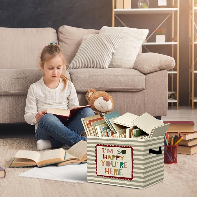 Rustic Boho Classroom Storage Bins Boxes with Handles | books clothes, i'm so happy you are here grey striped nursery foldable basket for organizing bedroom toddler room playroom - Image 5