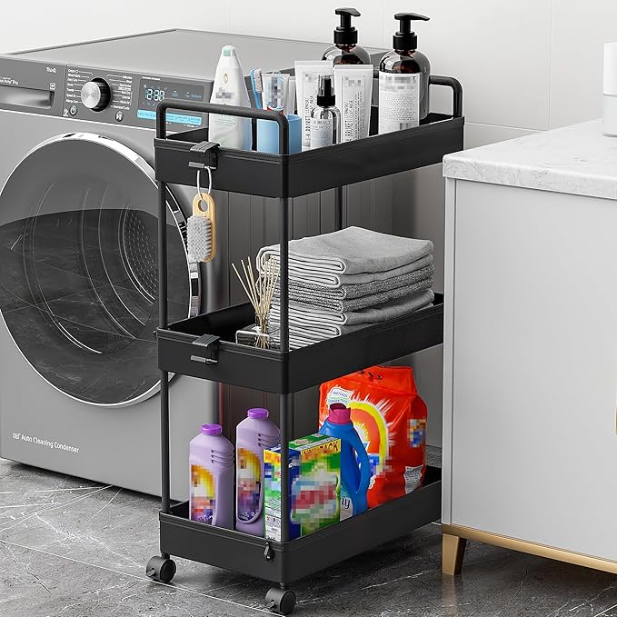 Ronlap 3 Tier Slim Rolling Storage Cart with Wheels Utility Organizer,Black | For bathroom, laundry, kitchen, bedside & dorm. Fits art, craft, snack, makeup, nail, diaper & postpartum baby supplies - Image 4