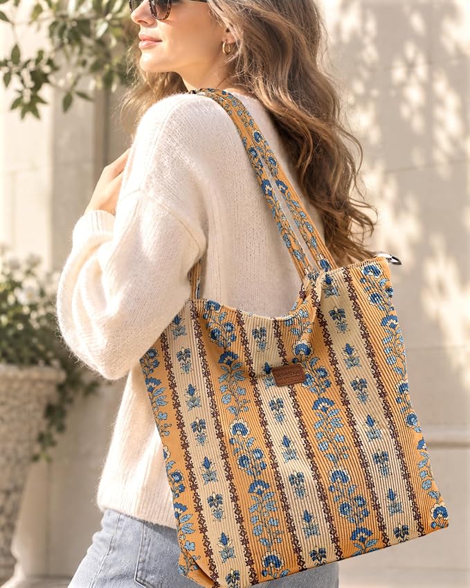 Aesthetic Corduroy Tote Bag with Zipper for Women | Reusable, Fits 14 Inch Laptop, Inner Pocket, double-sided print, Lightweight - Image 2