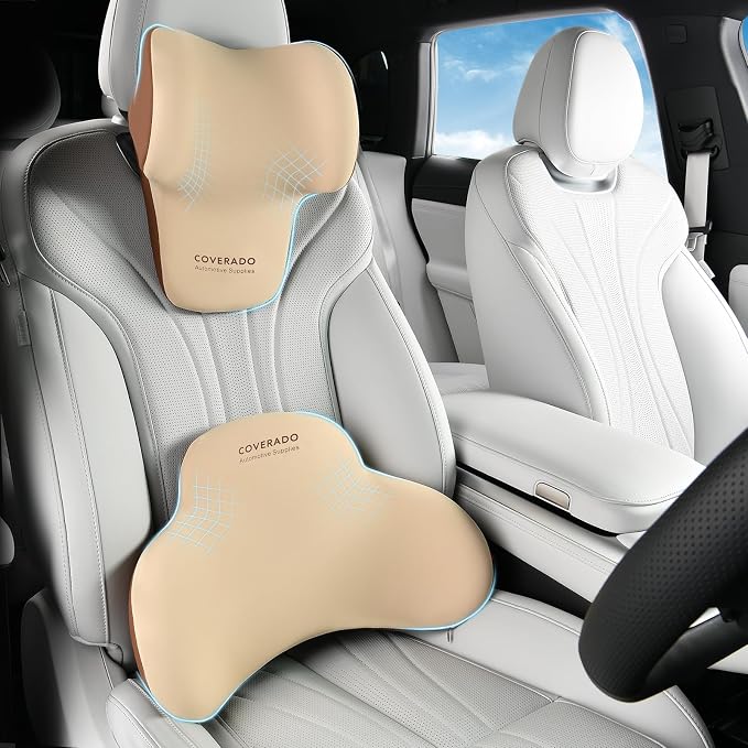 Coverado Lumbar Support and Headrest Pillow for Car, Memory Foam Ergonomic Head Neck Support Pillow for Driving Seat, Back Support and Pain Relief, Seat Cushion for Car, Driver, Office by COVERADOAUTO