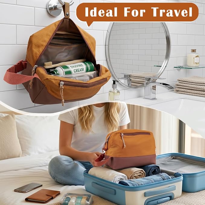 Waterproof Makeup Bag For Women Men,Two-Tone Colorblock Travel Toiletry Bag With Wet Pocket & Removable Transparent Bag, 8L Large Capacity Lightweight Vacation Essentials (Dusk Orange+Dark Brown) - Image 3