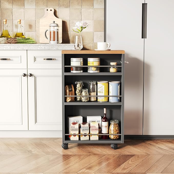 LITTLE TREE Slim Rolling Storage Cart, 3 Tier Snack Cart with Wheels for Kitchen, 6.3 Inch Wide Bathroom Organizer Shelves, Wooden Utility Cart for Laundry Room, Black - Image 2