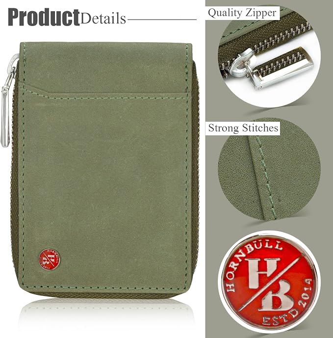 HORNBULL Steve RFID Blocking Leather Wallet for Men | Vertical Credit Debit Card Holder, Zip Around Wallet (Green) - Image 6