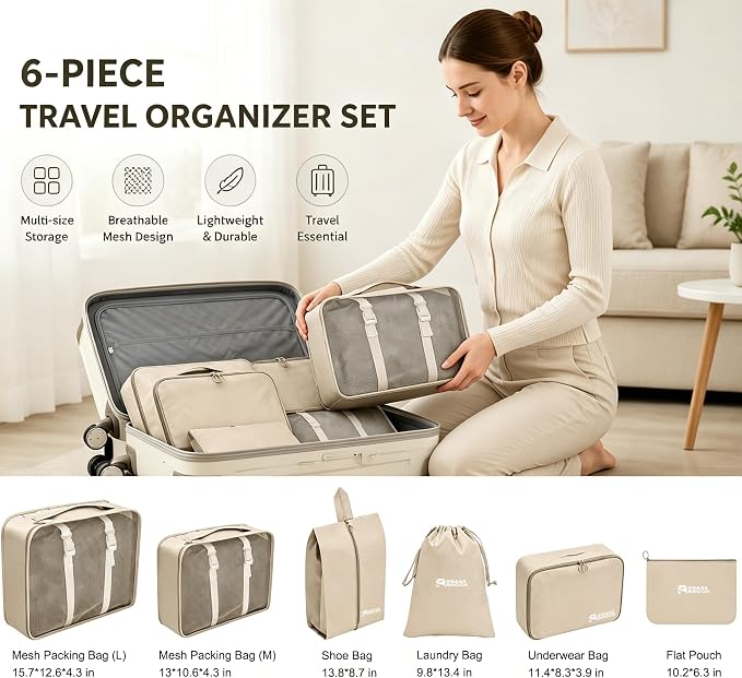 6 Set Packing Cubes, Luggage Packing Organizers for Travel Accessories, Carry on Suitcase Organizer Bags, Travel Essentials Luggage Accessories for Cruise Ship (Beige) - Image 4