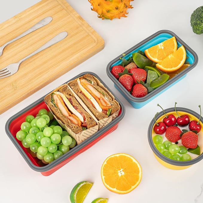 Collapsible Silicone Food Storage Containers Set with Lid & Air Vent, Foldable Lunch Containers, 16 Pack (8 Rectangular + 8 Round Bowls), BPA-Free, Space-Saving - Image 4