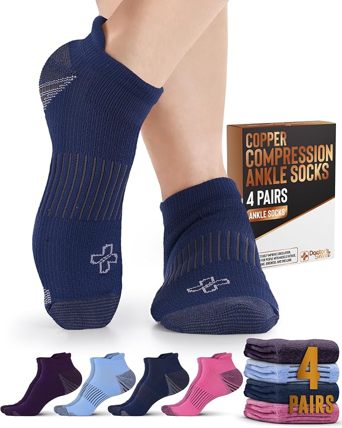 Doctor's Select Copper Ankle Compression Socks for Women and Men - 4 Pairs | Athletic Running Plantar Fasciitis Socks by DoctorsSelect