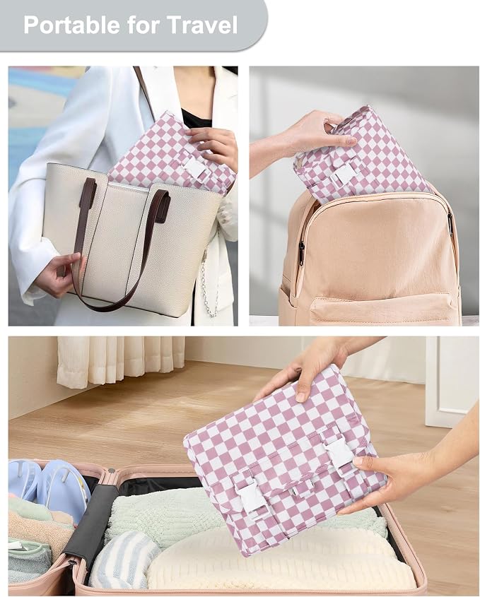 Relavel Small Hanging Toiletry Bag for Women, Portable Hanging Organizer | for Travel-Sized Dopp Kit, Makeup Accessories, Waterproof Toiletries Organizer with 3 Compartments for Outdoor - Plaid Purple - Image 5