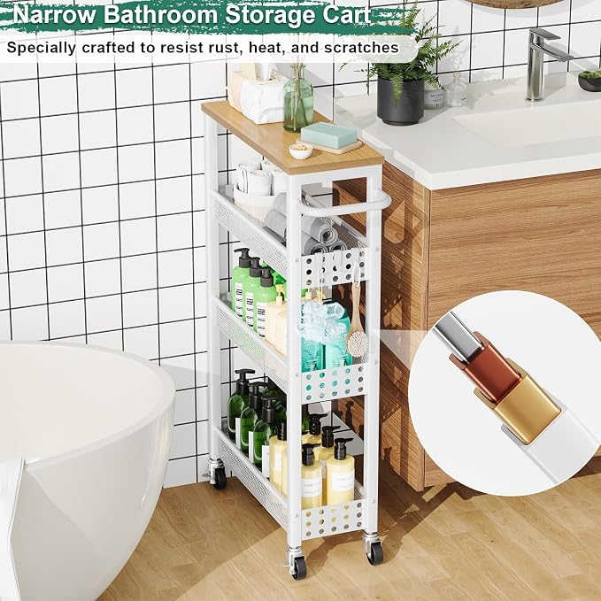 4 Tier Slim Rolling Cart with Wheels for Between Washer and Dryer Storage | White Metal Rolling Spice Rack Next to Fridge, Narrow Kitchen Cabinet for Small Spaces, Laundry Room Organizer Carts - Image 5