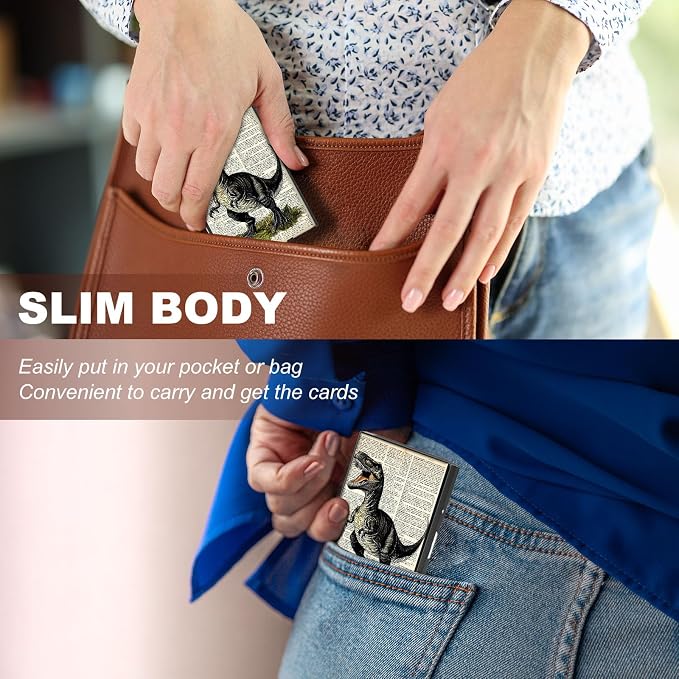 Metal Wallet,Credit Card Holder for Women,Slim RFID Blocking Credit Card Holder Thin Aluminum Wallet ID Case,6 Slot Business Mini Hard Metal Case for Women/Men,Cute Dinosaur Paper - Image 4