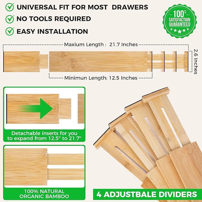 4 Pack Bamboo Drawer Dividers Organizer with Inserts 2.6'' High | Expandable from 12.5-21.7", Adjustable Drawer Organizer Separators for Utensils, Clothing, Office, Dresser, Bedroom, (Beige) - Image 3