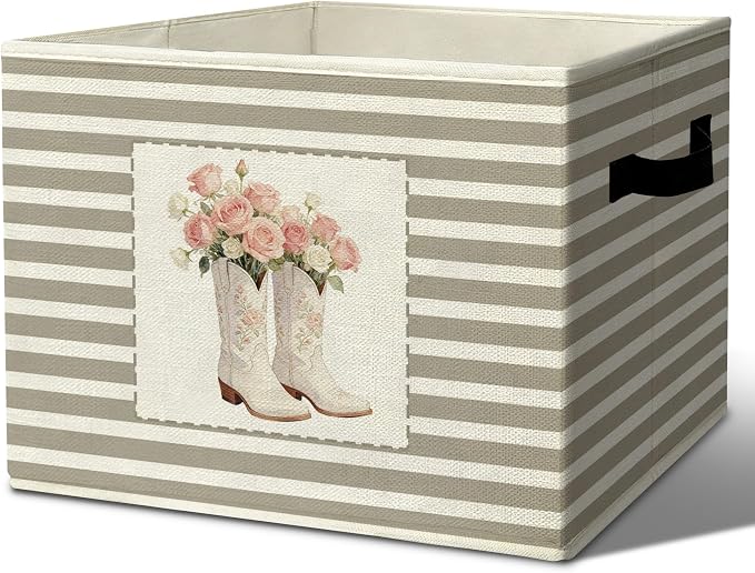 Rustic Cowgirl Boot Storage Bins Boxes Handles | grey striped nursery foldable basket for organizing bedroom toddler playroom by Unknown