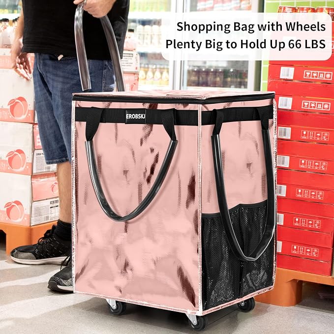 (Medium,Rose Gold) Reusable Grocery Bag on Wheels, Foldable Rolling Tote | 70L Shopping Trolley, Wide Zipper Shopping Carts for Trips, Laundry, Groceries, Camping, Storage,4 Heavy Duty Wheels - Image 7