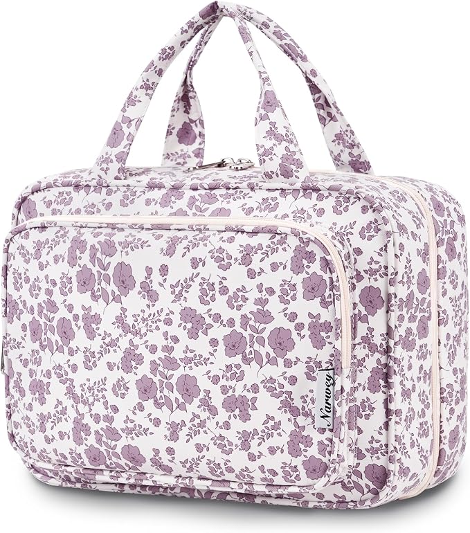 Narwey Travel Toiletry Bag for Women Large Hanging Makeup Bag Organizer Toiletries Bag for Full Size Essentials Accessories Cosmetics (Dusty Pink Flower (Large)) by Narwey