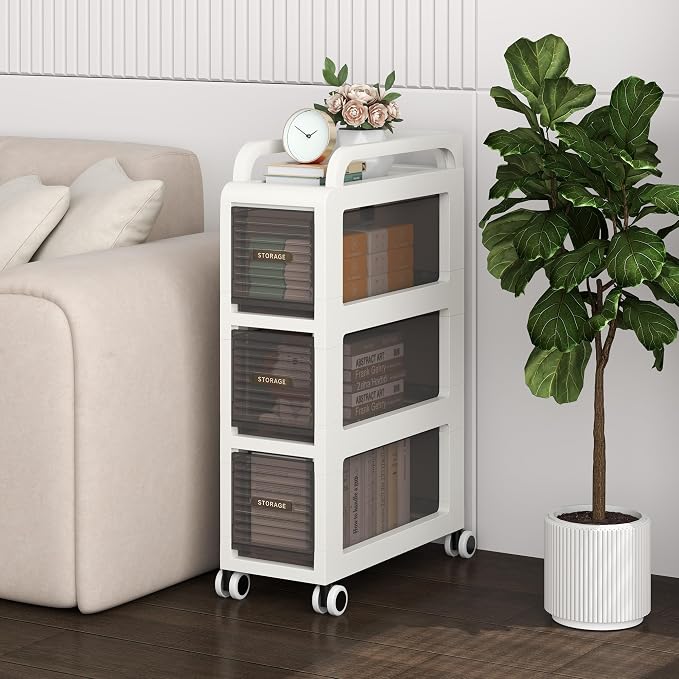Bathroom Storage with Drawers, 7.87" Wide Slim Cabinet with Wheels | Freestanding Narrow Cupboard, Small Cart for Small Space Kitchen Office Bedroom Under Desk, 26" Tall, 3-Drawer, Gray - Image 7
