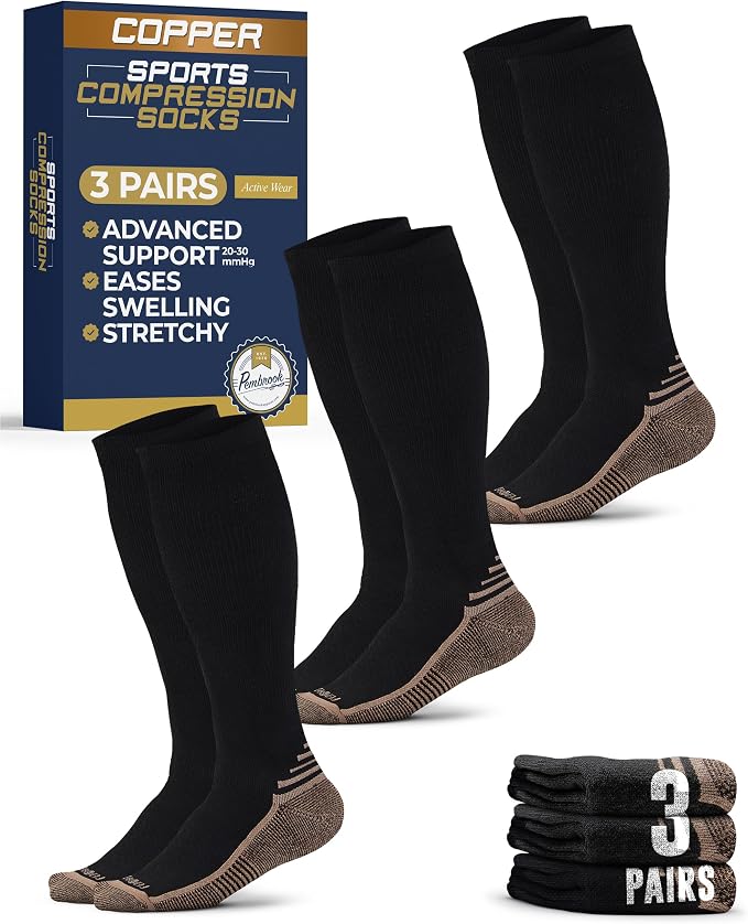 Pembrook 3 Pairs Copper Mens Compression Socks 20-30 mmHg, Running, Hiking, Athletic Cycling, Travel | Circulation Support by Pembrook