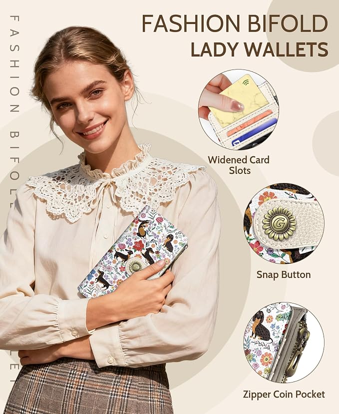 GIANCOMICS Dachshunds Dog Women Wallet RFID, Cute Credit Card Holder Bifold | Billfold, Cute Cash Purse, Travel Zipper Coin Pocket, Compact Clutch, PU Leather, ID Window, 11 Card Slots, Ladies Gift Woman - Image 6