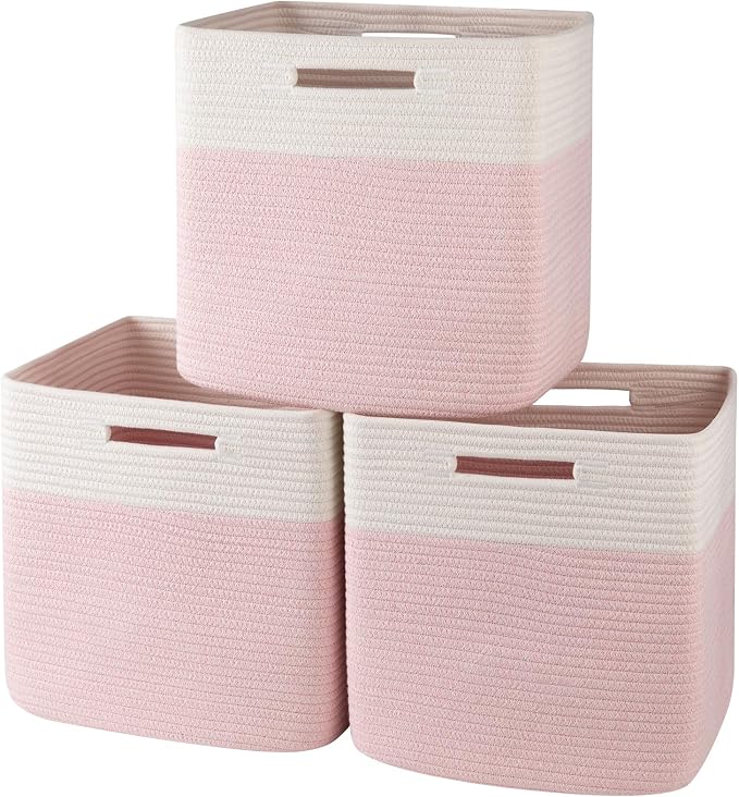 OIAHOMY 13 Inch Cube Storage Bins, 3-Pack Cotton Rope Woven Baskets for Organizing, Insert Storage Baskets for Shelves, Baby Nursery, Closet Organizer, 13 * 13 * 12.6IN, Pink & White by MasterofSpaceOptimization