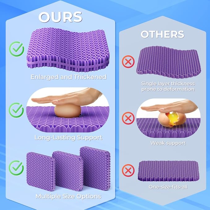 TushGuard Gel Seat Cushion for Long Sitting, Breathable Thick Patent Design | Enlarged Cooling Chair Pad for Office Chair, Wheelchair, Desk Chair, Supportive Car Cushion (2"Thick, Black+Violet) - Image 5