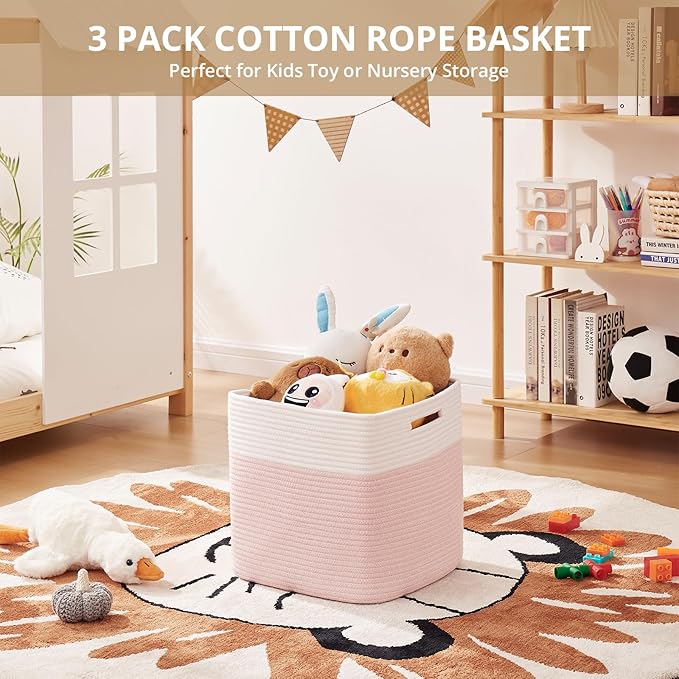 OIAHOMY 13 Inch Cube Storage Bins, 3-Pack Cotton Rope Woven Baskets for Organizing, Insert Storage Baskets for Shelves, Baby Nursery, Closet Organizer, 13 * 13 * 12.6IN, Pink & White - Image 4