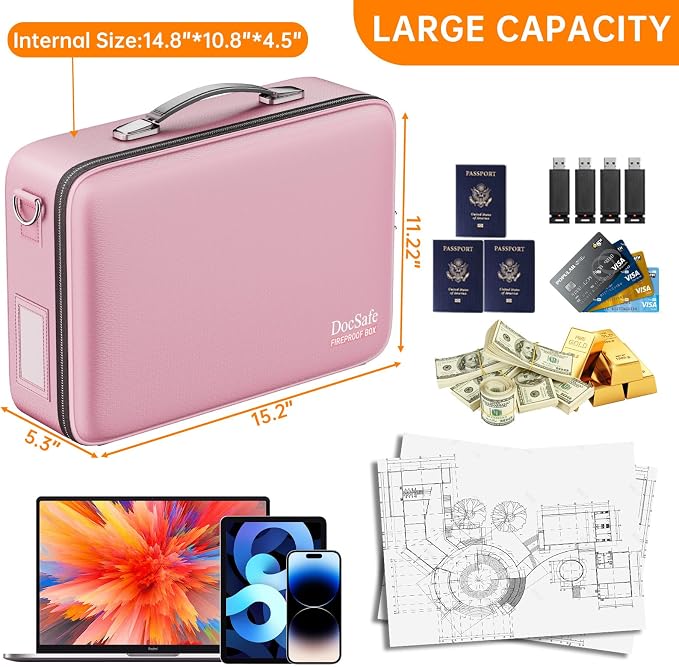 DocSafe Fireproof Document Box Hard Case with Lock ＆ Accordion File Folder | Fire and Water Resistant Safe Box,File Organizer,Multi-Pocket,Home Office Travel Storage for Important Document,Laptop,Pink - Image 5