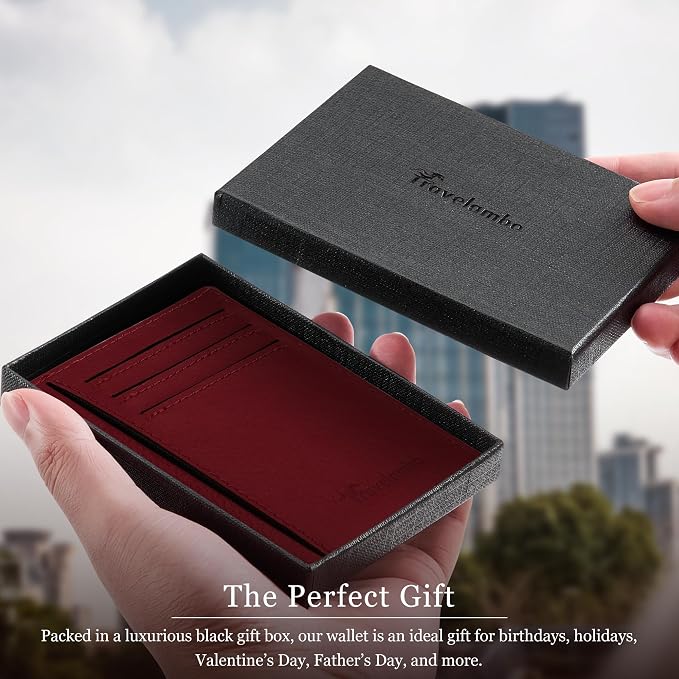 Travelambo 100% Genuine Leather Wallet for Men and Women, Slim Minimalist RFID Blocking Front Pocket Credit Card Holder with Gift Box(Red 963) - Image 6