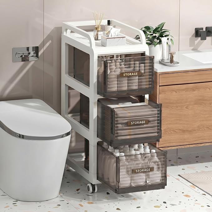 Bathroom Storage with Drawers, 11.8" Wide Slim Cabinet with Wheels | Freestanding Narrow Cupboard, Small Cart for Small Space Kitchen Office Bedroom Under Desk, 29.5" Tall, 3-Drawer, Gray by ZHYOCOGY