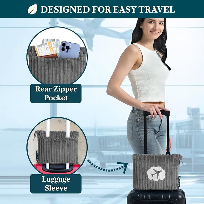 PAVILIA Travel Blanket Pillow, Soft Ribbed Fleece Airplane Blanket, Gray | 65x40, Compact Packable Plane Throw with Bag, Luggage Strap and Back Pocket, Cozy Flight Essentials Travelers Camping Gift - Image 3