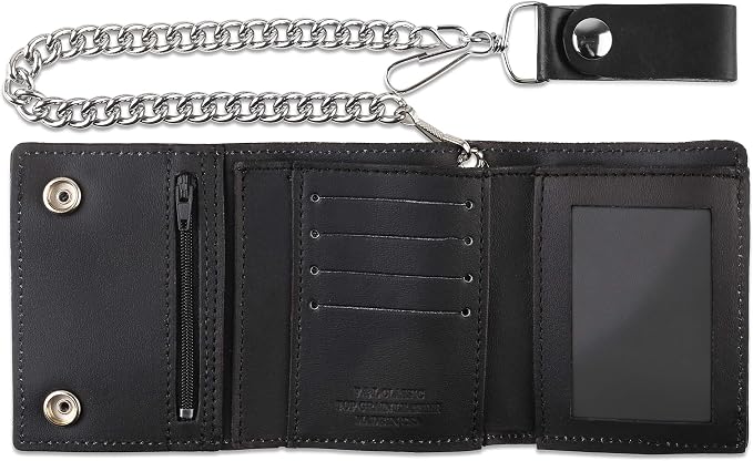 RFID Blocking Men's Tri-fold Vintage Biker Cowhide Leather Steel Chain Wallet,Snap closure, Made In USA,tc315-40,eagle head,black - Image 3