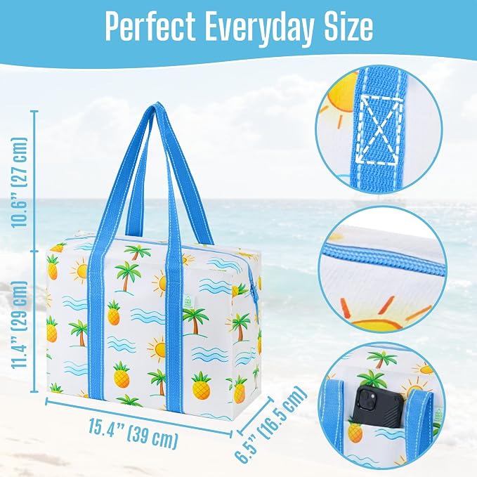 VENO 2 Pack Utility Tote Reusable Grocery Bags with Zipper & Hard Bottom | Heavy Duty Foldable Water-Resistant Shopping Bags for Summer Beach, Pool, Picnic & Travel Carry-on (Tropical Island, 2 Pack) - Image 2