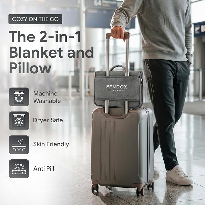 2-in-1 Travel Blanket and Pillow – Lightweight, Compact, Ultra Soft, Machine Washable – Handle, Luggage Sleeve, Backpack Clip – for Travel Airplane, Car, Office (Gray) - Image 2