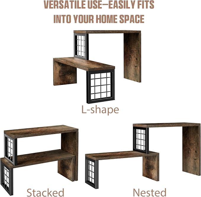 Kitchen Countertop Organizer, 2 Tier Corner Counter Shelf, Rustic Brown | Stackable, Expandable, Adjustable Cabinet Organizer Shelf, Spice Rack, for Kitchen, Coffee Station, Rustic Wood Grain - Image 7