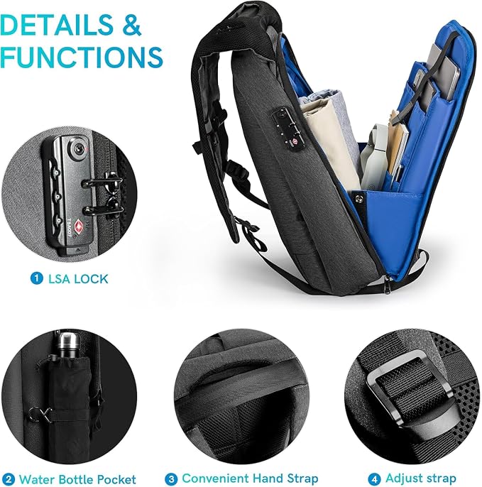 VGOAL Travel Backpack 17 inch Anti Theft Laptop Bag for Men Women | Durable WaterProof,USB Charging Port,Combination Lock,50L Lightweight Large,Carry on Business Backpack,Grey - Image 4