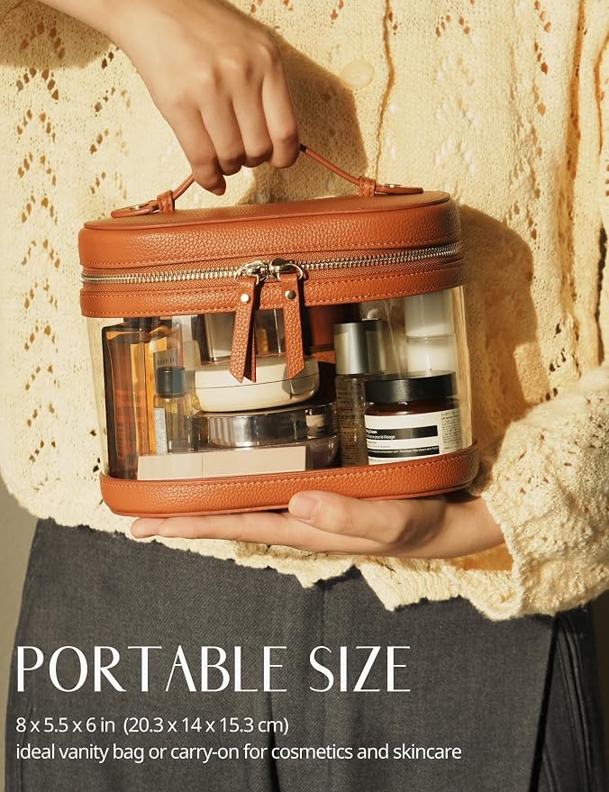 Travel Makeup Case Clear Vanity Bag with Brush Holder, Compact Leather Train Case Brown Make Up Bag Storage Organizer Luxury Cosmetic Case Travel Essentials Cute Portable with Handle - Image 3