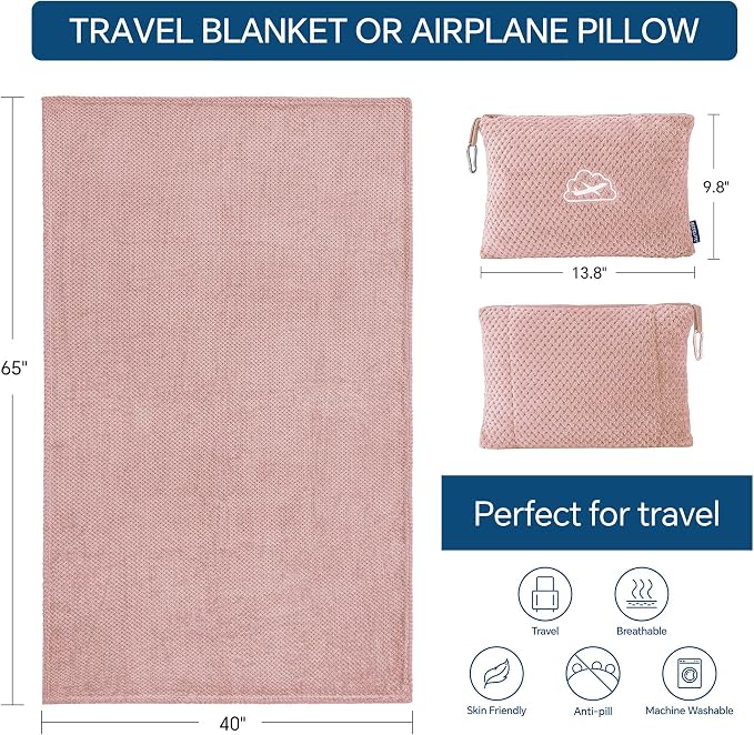 BEDELITE Travel Blanket with Bag, Jacquard Fleece Blanket 65"x40", Pink | Ultra-soft Airplane Blanket, Luggage Sleeve & Backpack Clip, Travel Essentials for Women, Foldable as Pillow for Long Flight - Image 5
